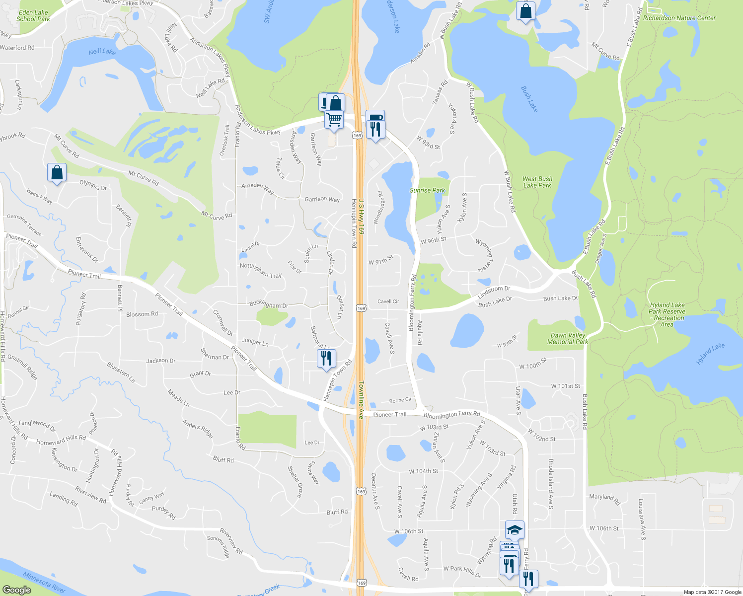 map of restaurants, bars, coffee shops, grocery stores, and more near 9780 Cavell Circle in Minneapolis