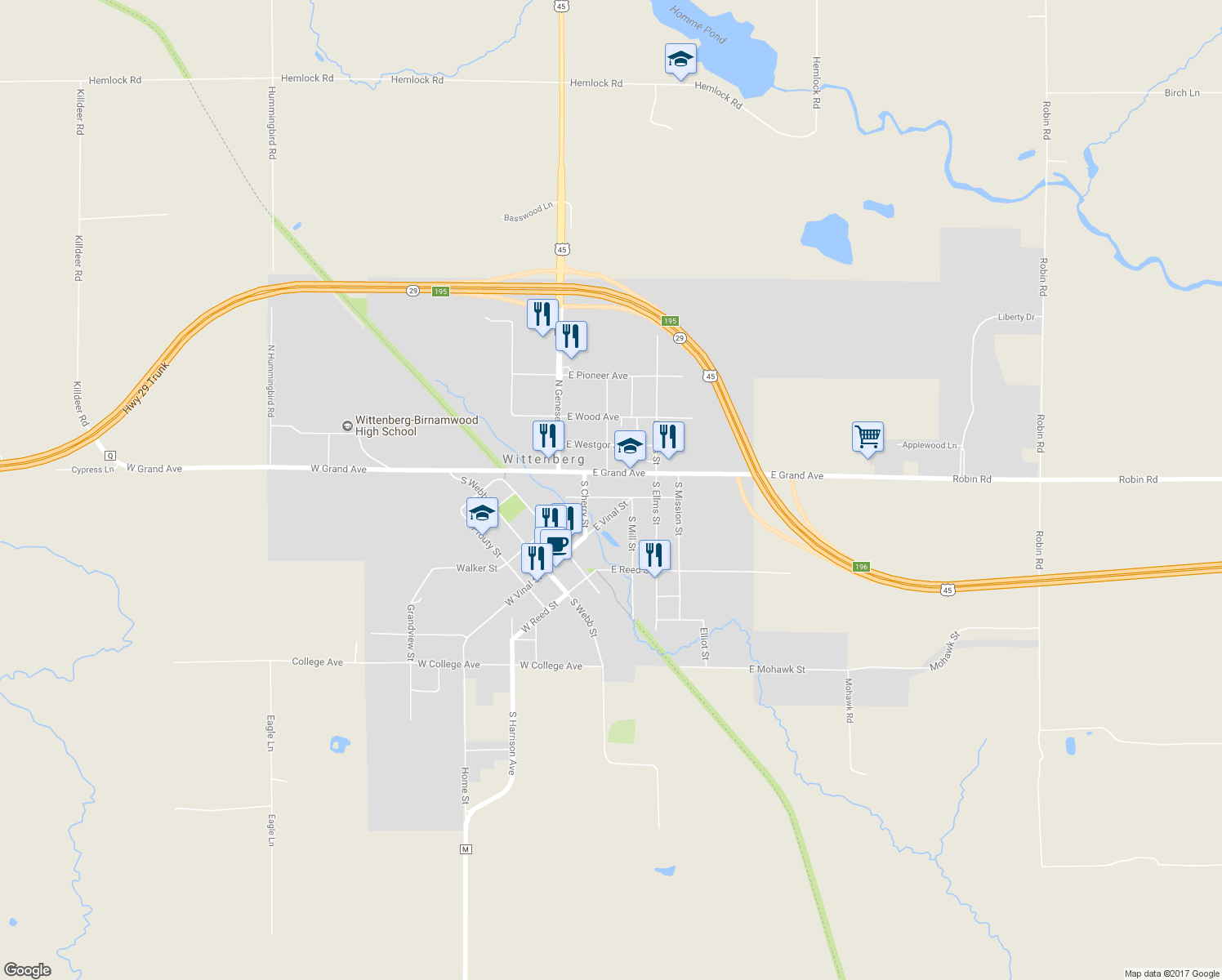 map of restaurants, bars, coffee shops, grocery stores, and more near 400 East Front Street in Wittenberg