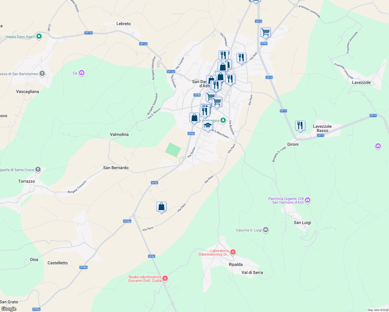 map of restaurants, bars, coffee shops, grocery stores, and more near 12 Via G. Rossini in San Damiano d'Asti