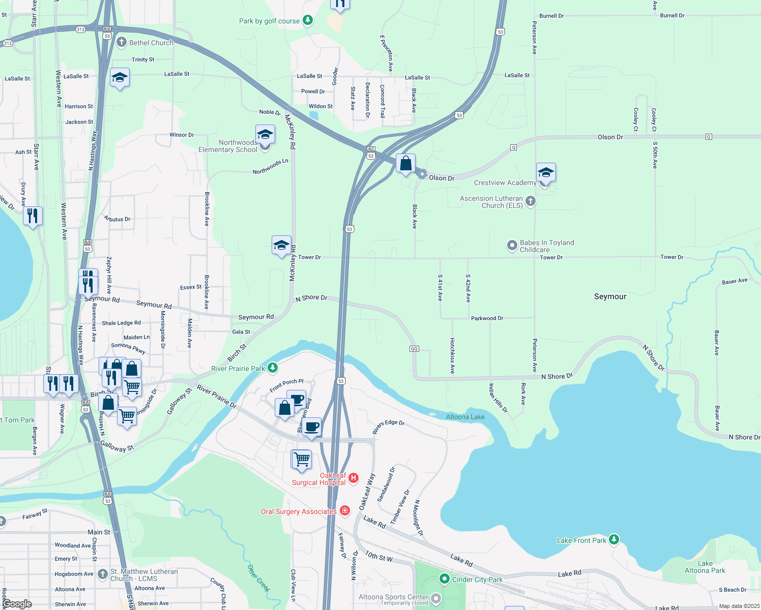 map of restaurants, bars, coffee shops, grocery stores, and more near 3794 N Shore Dr in Eau Claire