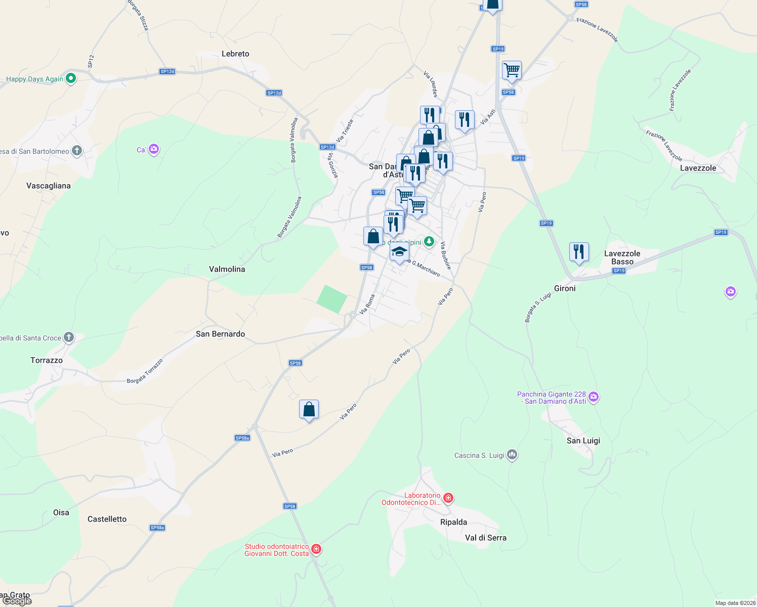 map of restaurants, bars, coffee shops, grocery stores, and more near 12 Via G. Rossini in San Damiano d'Asti