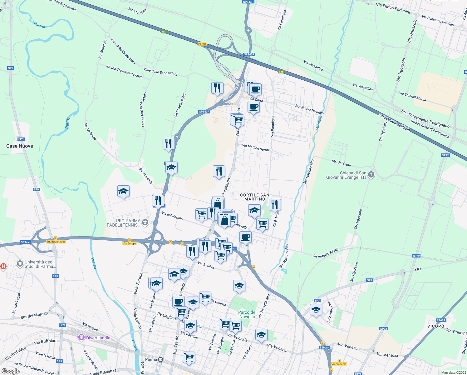 map of restaurants, bars, coffee shops, grocery stores, and more near Stradello Milena Pavlovic Barilli in Parma