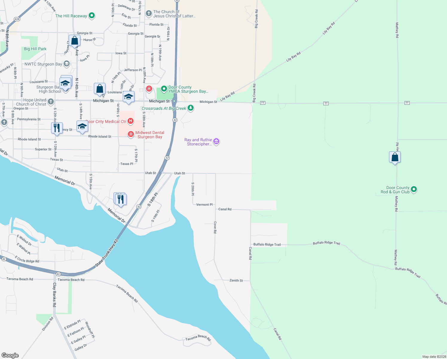 map of restaurants, bars, coffee shops, grocery stores, and more near 814 Cove Road in Sturgeon Bay