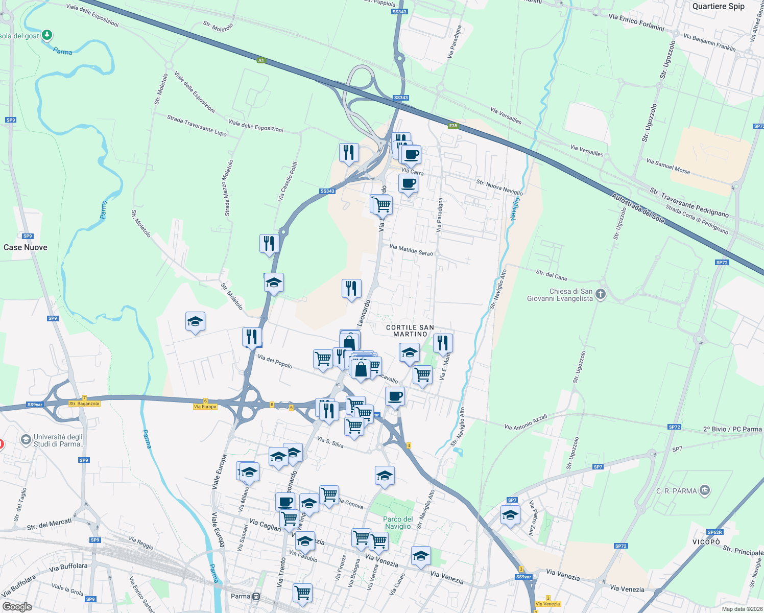 map of restaurants, bars, coffee shops, grocery stores, and more near 5 Via Rosa Luxemburg in Parma