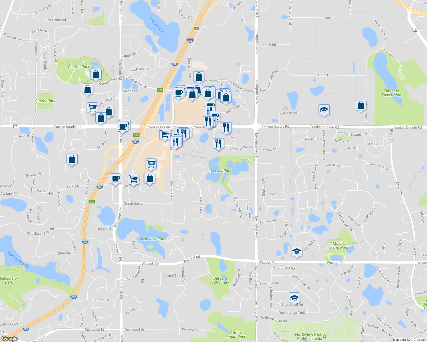 map of restaurants, bars, coffee shops, grocery stores, and more near 3542 Widgeon Way in Eagan