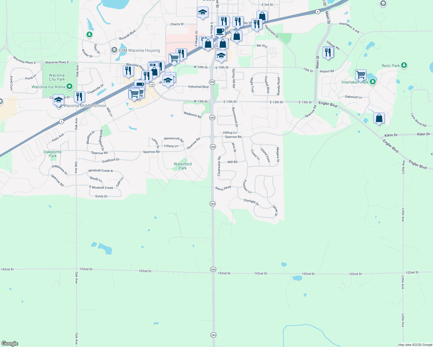 map of restaurants, bars, coffee shops, grocery stores, and more near 1904 Clearwater Road in Waconia