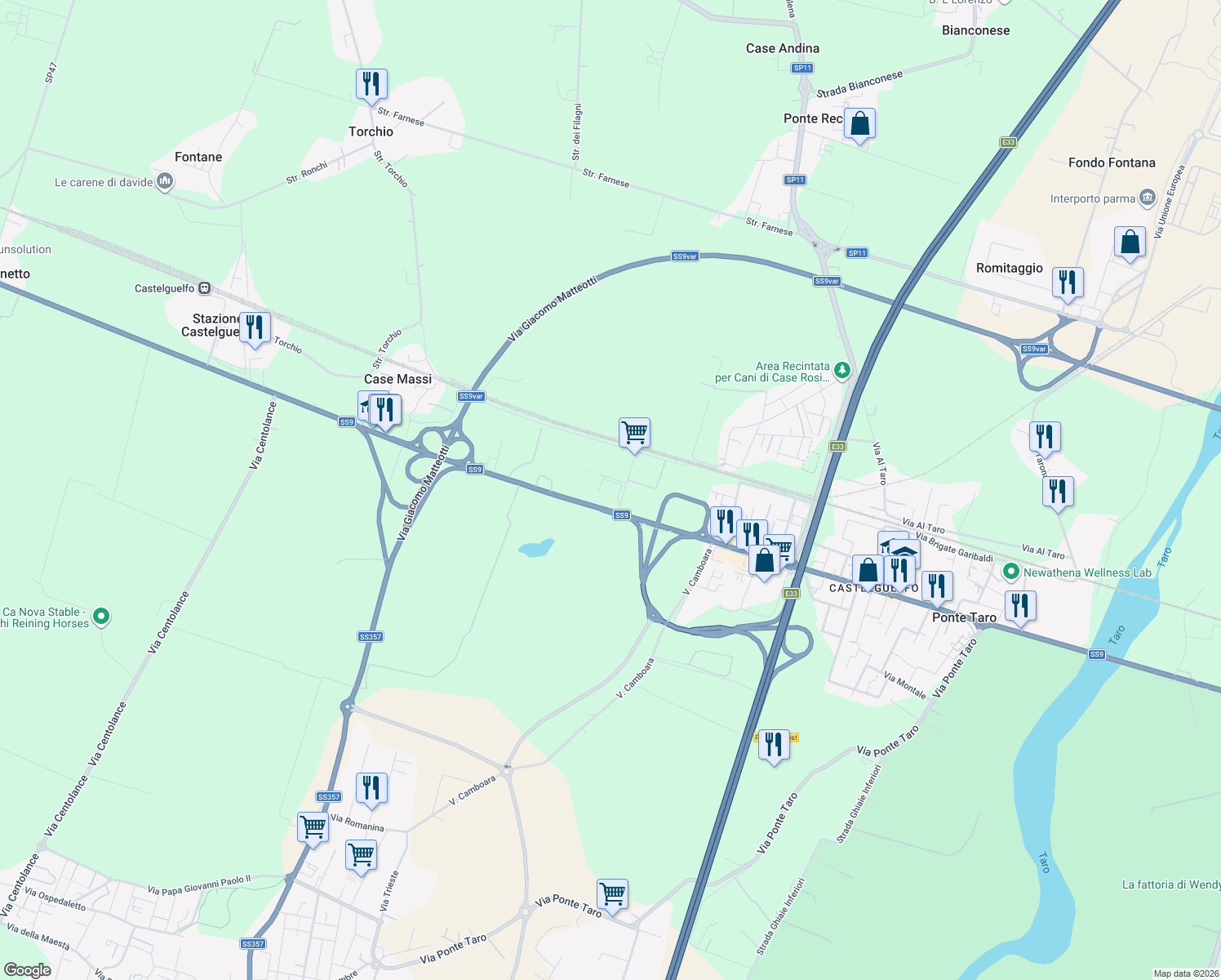 map of restaurants, bars, coffee shops, grocery stores, and more near 1 Via Enrico Fermi in Ponte Taro