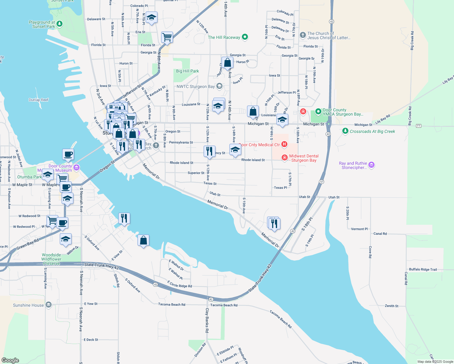 map of restaurants, bars, coffee shops, grocery stores, and more near 1316 Texas Street in Sturgeon Bay