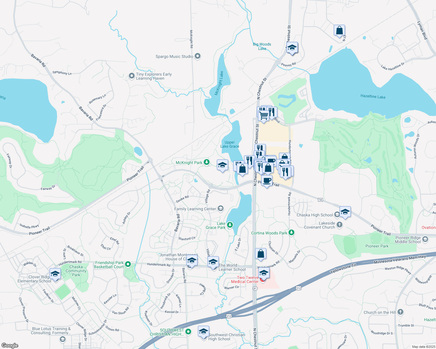 map of restaurants, bars, coffee shops, grocery stores, and more near 110300 Pioneer Trail in Chaska