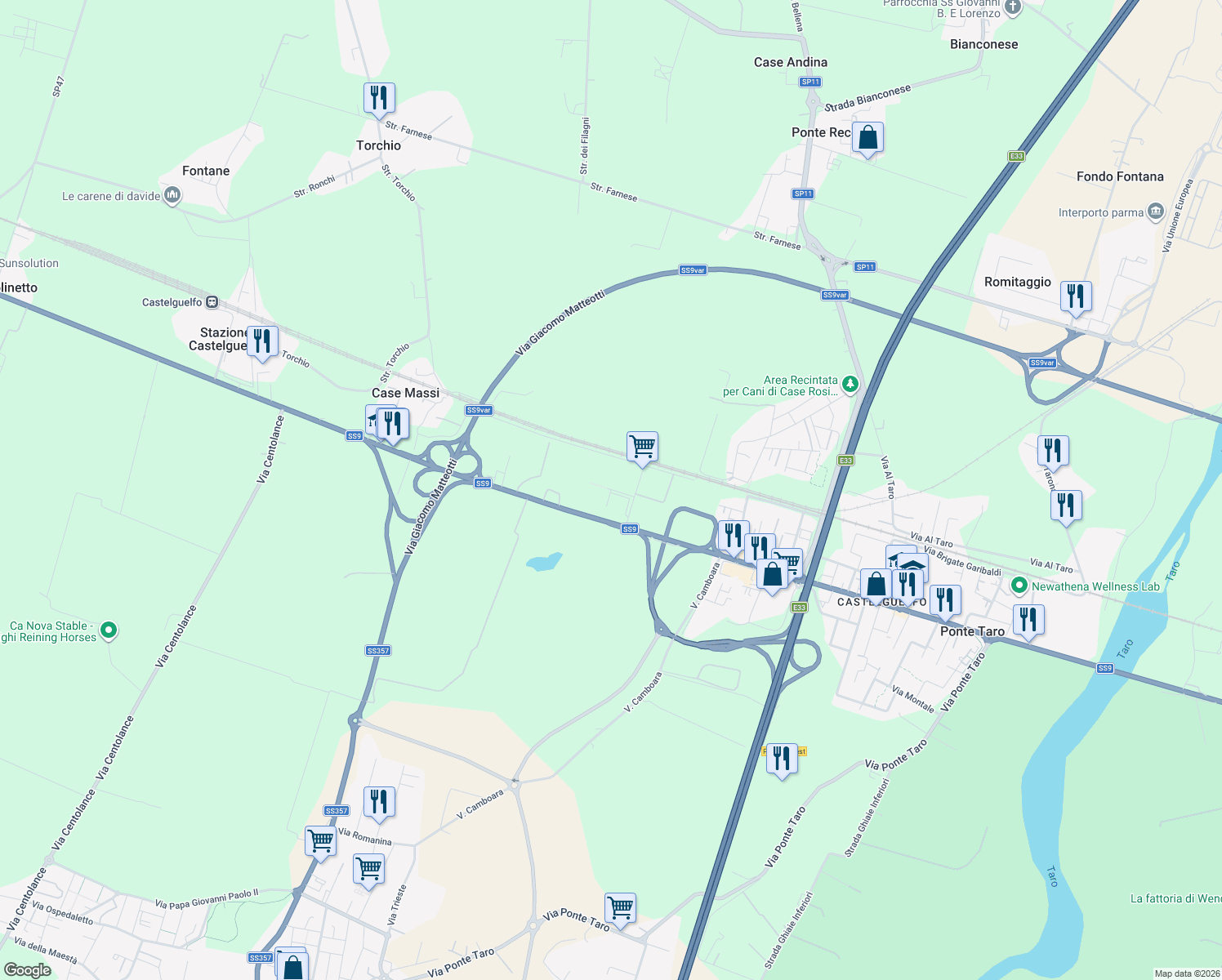 map of restaurants, bars, coffee shops, grocery stores, and more near 47 Via Emilia in Ponte Taro
