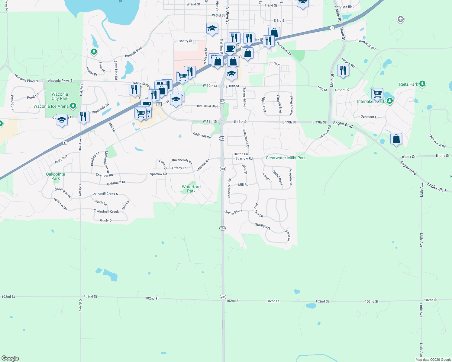 map of restaurants, bars, coffee shops, grocery stores, and more near 1780 Clearwater Road in Waconia