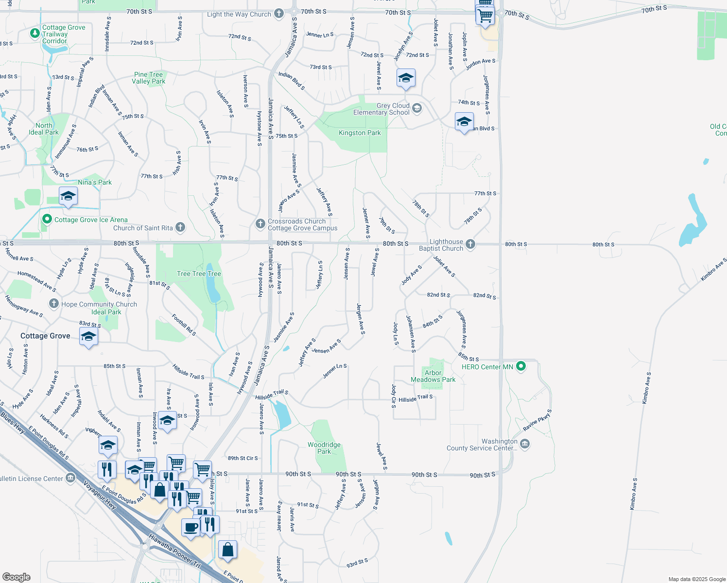 map of restaurants, bars, coffee shops, grocery stores, and more near 8207 Jergen Avenue South in Cottage Grove
