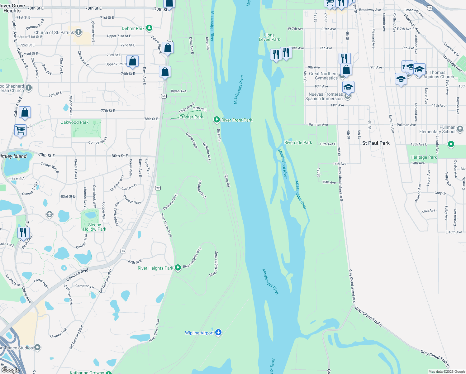 map of restaurants, bars, coffee shops, grocery stores, and more near 8200 River Road in Inver Grove Heights
