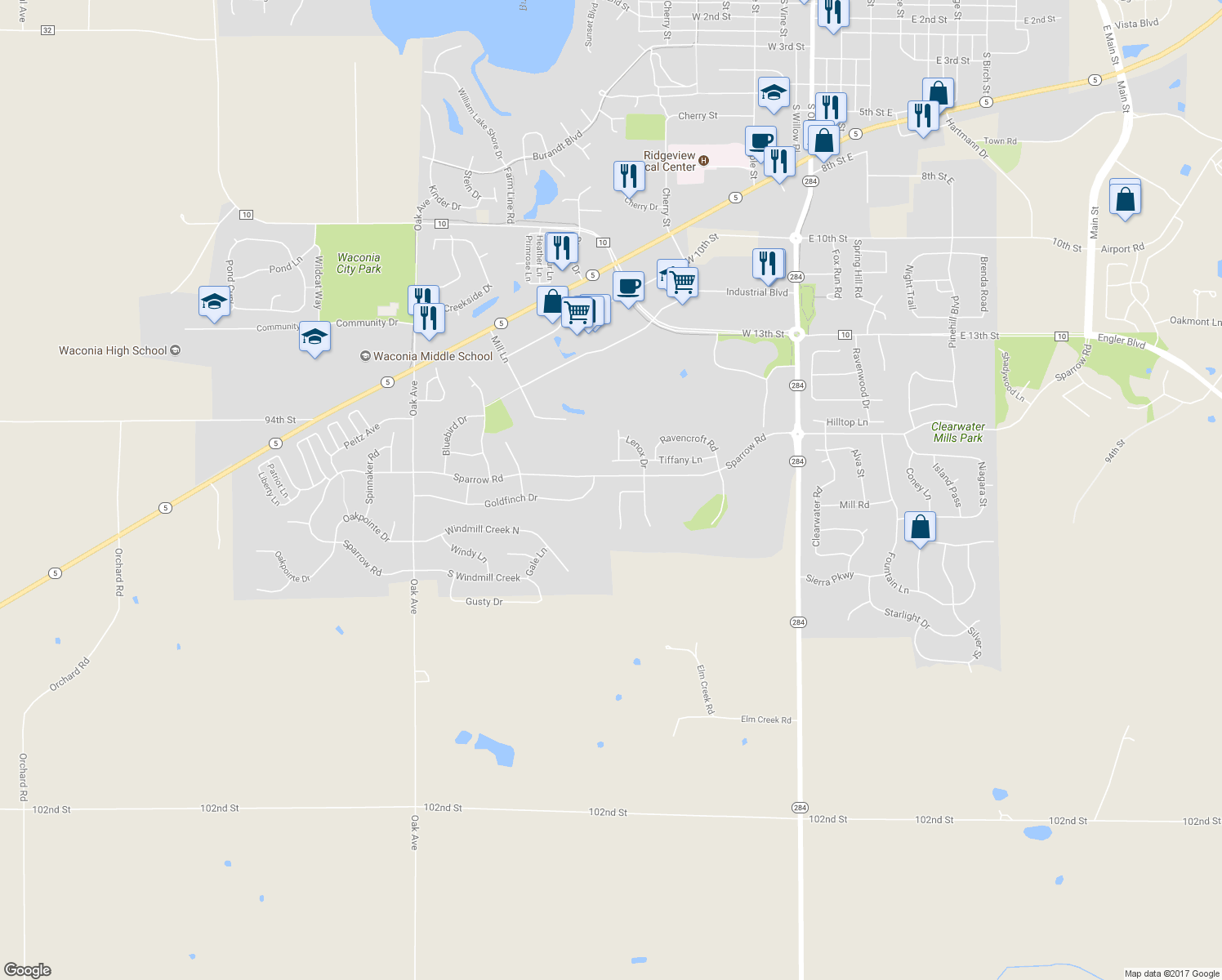 map of restaurants, bars, coffee shops, grocery stores, and more near 1666 Saint George Street in Waconia