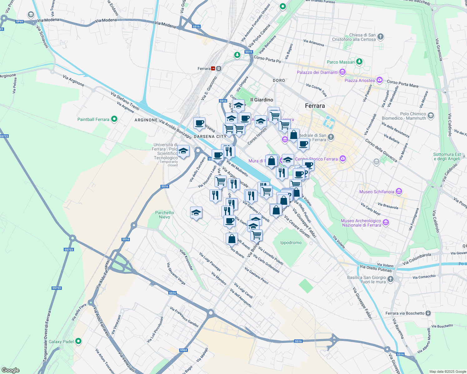 map of restaurants, bars, coffee shops, grocery stores, and more near 249-277 Via Argine Ducale in Ferrara