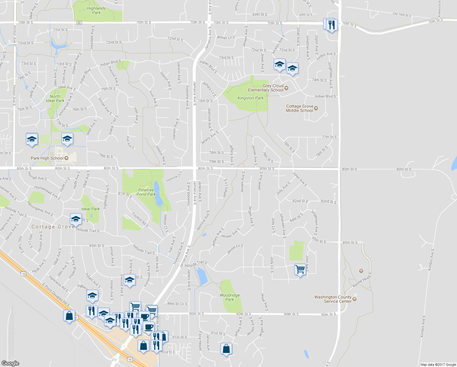 map of restaurants, bars, coffee shops, grocery stores, and more near 8093 Jeffery Lane South in Cottage Grove