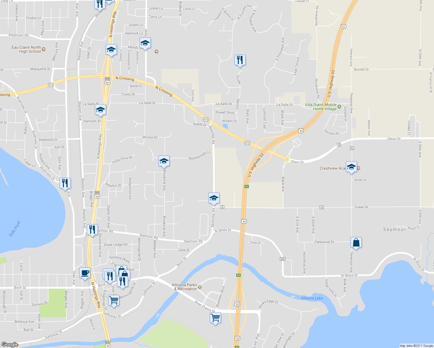 map of restaurants, bars, coffee shops, grocery stores, and more near 1545 McKinley Road in Eau Claire
