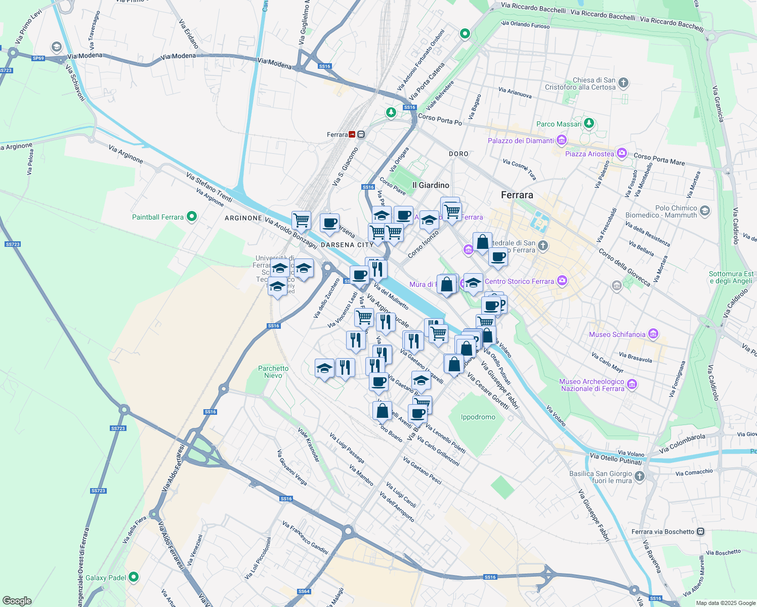 map of restaurants, bars, coffee shops, grocery stores, and more near 277 Via Argine Ducale in Ferrara