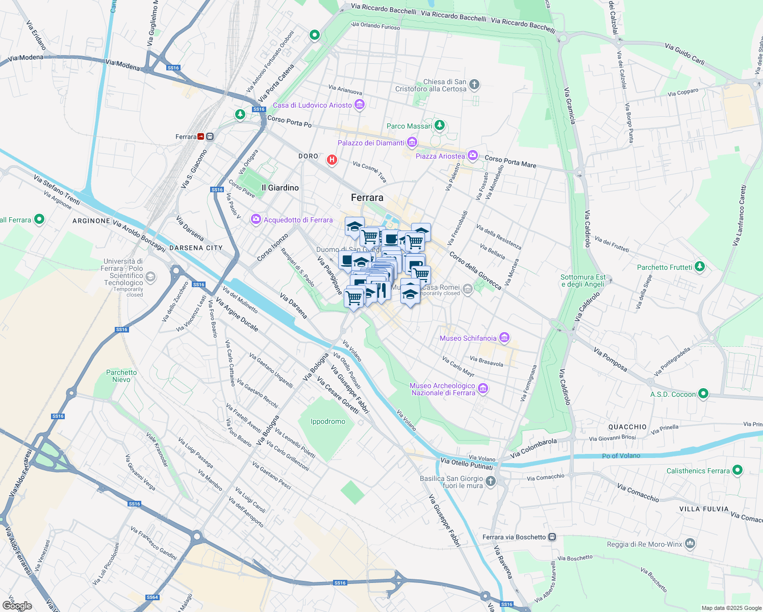 map of restaurants, bars, coffee shops, grocery stores, and more near 22 Via del Carbone in Ferrara