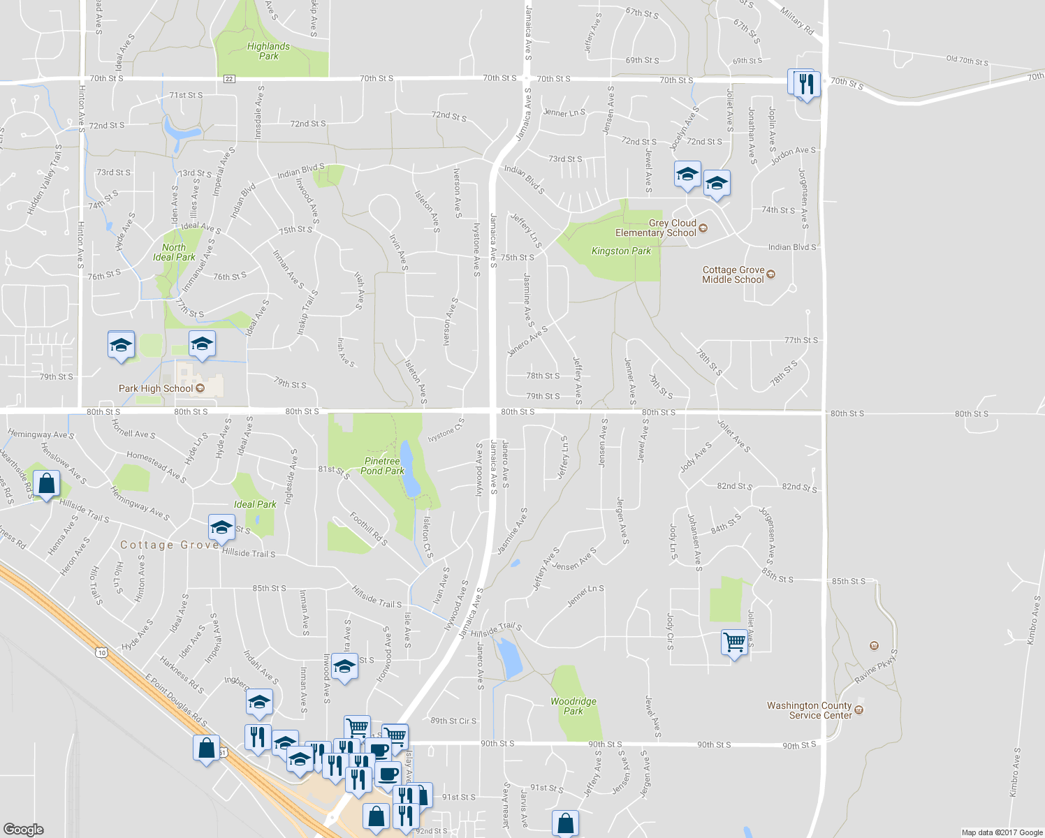 map of restaurants, bars, coffee shops, grocery stores, and more near 9034 Upper 81st Street South in Cottage Grove