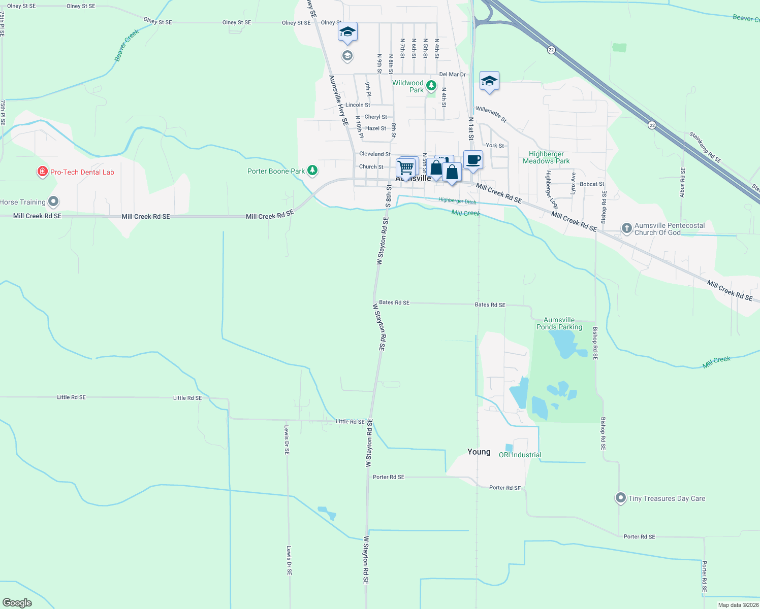 map of restaurants, bars, coffee shops, grocery stores, and more near 9120 Bates Rd SE in Aumsville