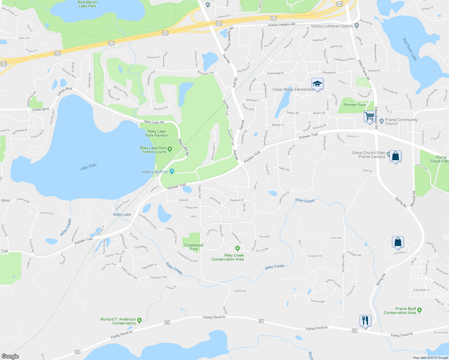 map of restaurants, bars, coffee shops, grocery stores, and more near 17704 Hackberry Court in Eden Prairie