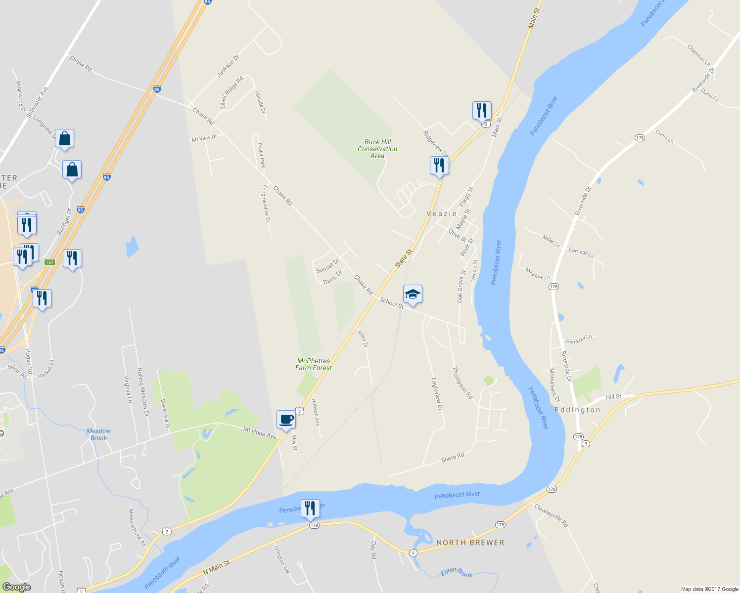 map of restaurants, bars, coffee shops, grocery stores, and more near 1356 State Street in Veazie