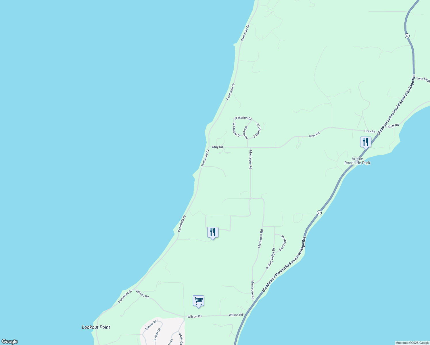map of restaurants, bars, coffee shops, grocery stores, and more near 775 Lost Nations Trail in Traverse City