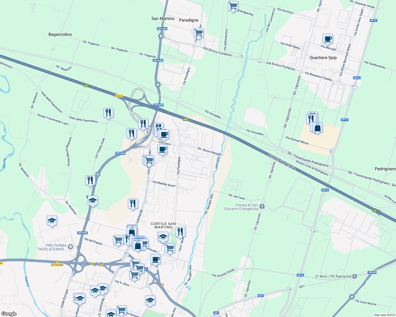 map of restaurants, bars, coffee shops, grocery stores, and more near 32A Via Alfredo Veroni in Parma