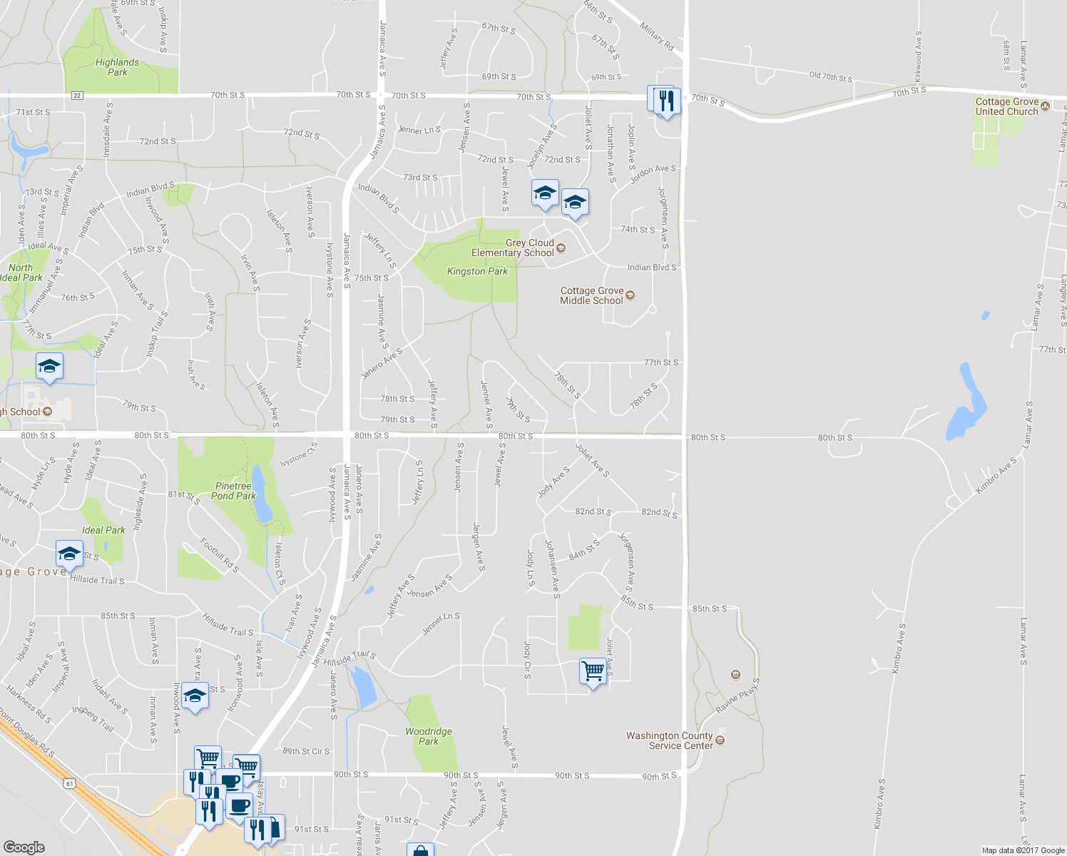 map of restaurants, bars, coffee shops, grocery stores, and more near 9577 79th Street South in Cottage Grove