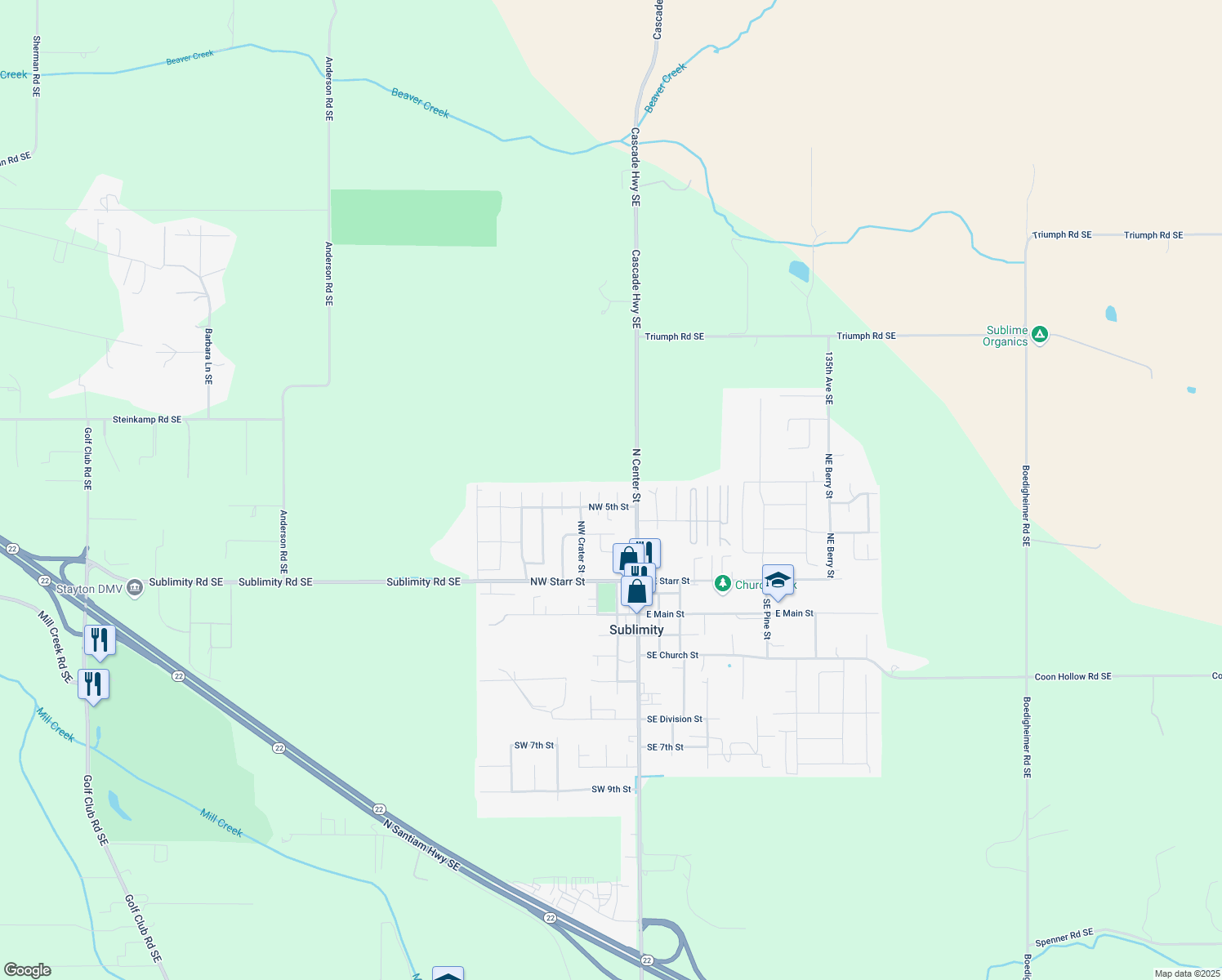 map of restaurants, bars, coffee shops, grocery stores, and more near 525 Northwest Dawn Place in Sublimity