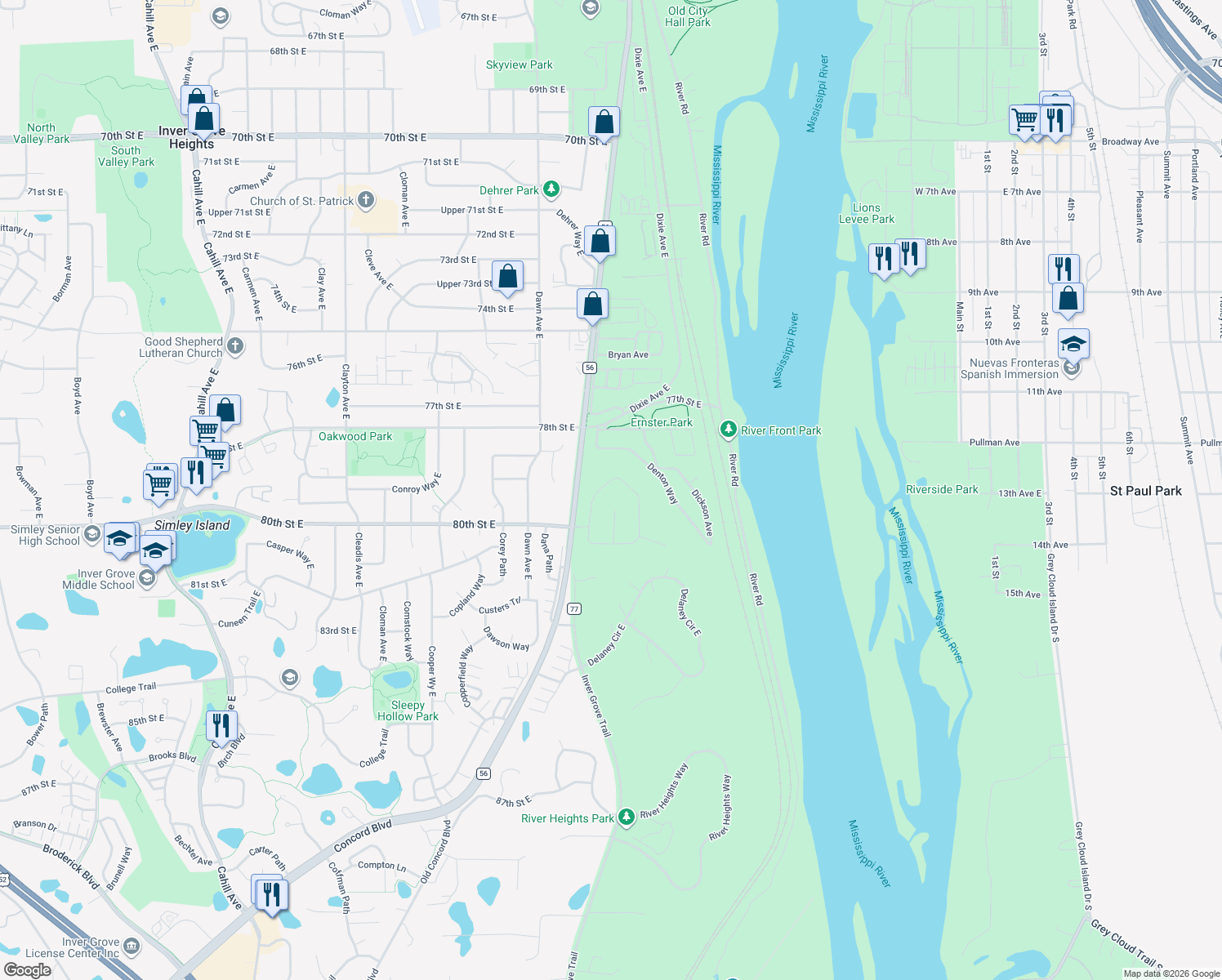 map of restaurants, bars, coffee shops, grocery stores, and more near 7917 Dempsey Way in Inver Grove Heights