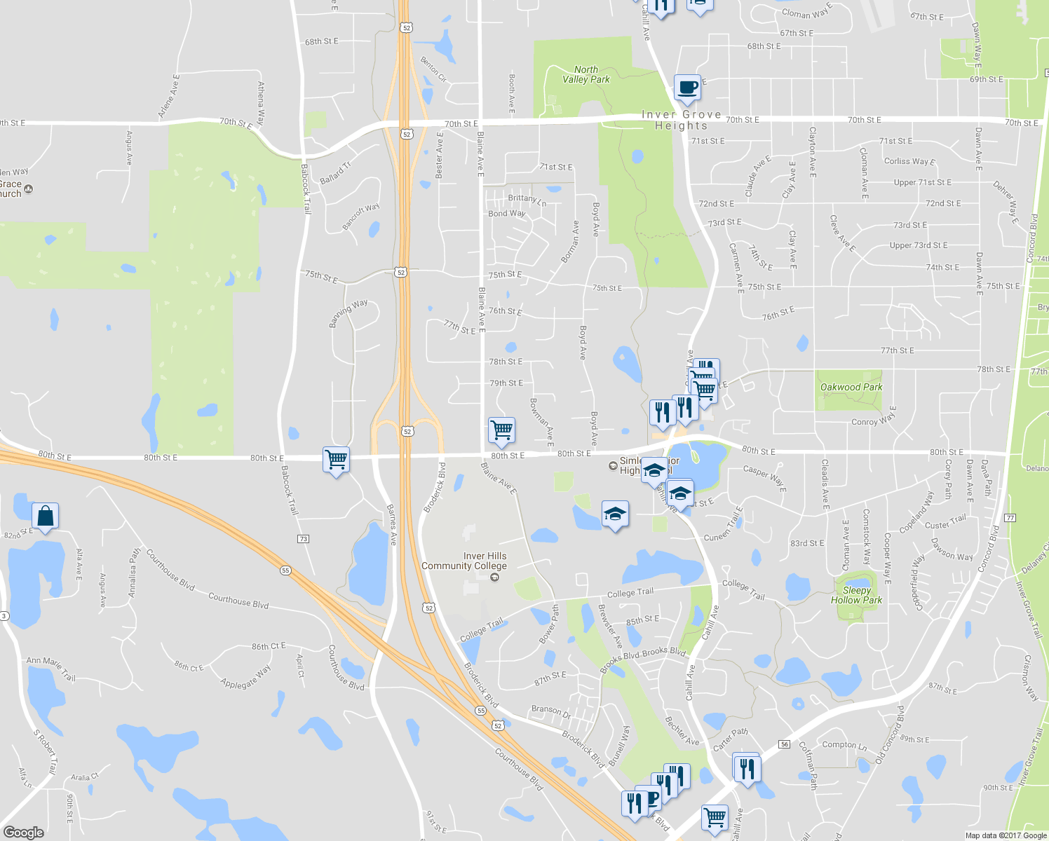 map of restaurants, bars, coffee shops, grocery stores, and more near 7941 Bowman Avenue East in Inver Grove Heights
