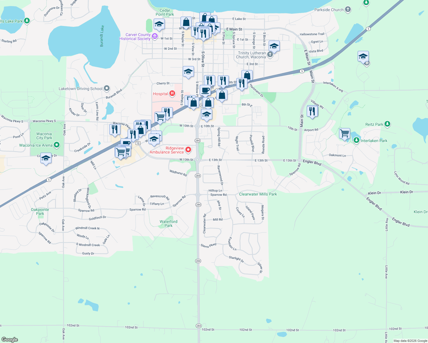 map of restaurants, bars, coffee shops, grocery stores, and more near 1490 Mallard Place in Waconia