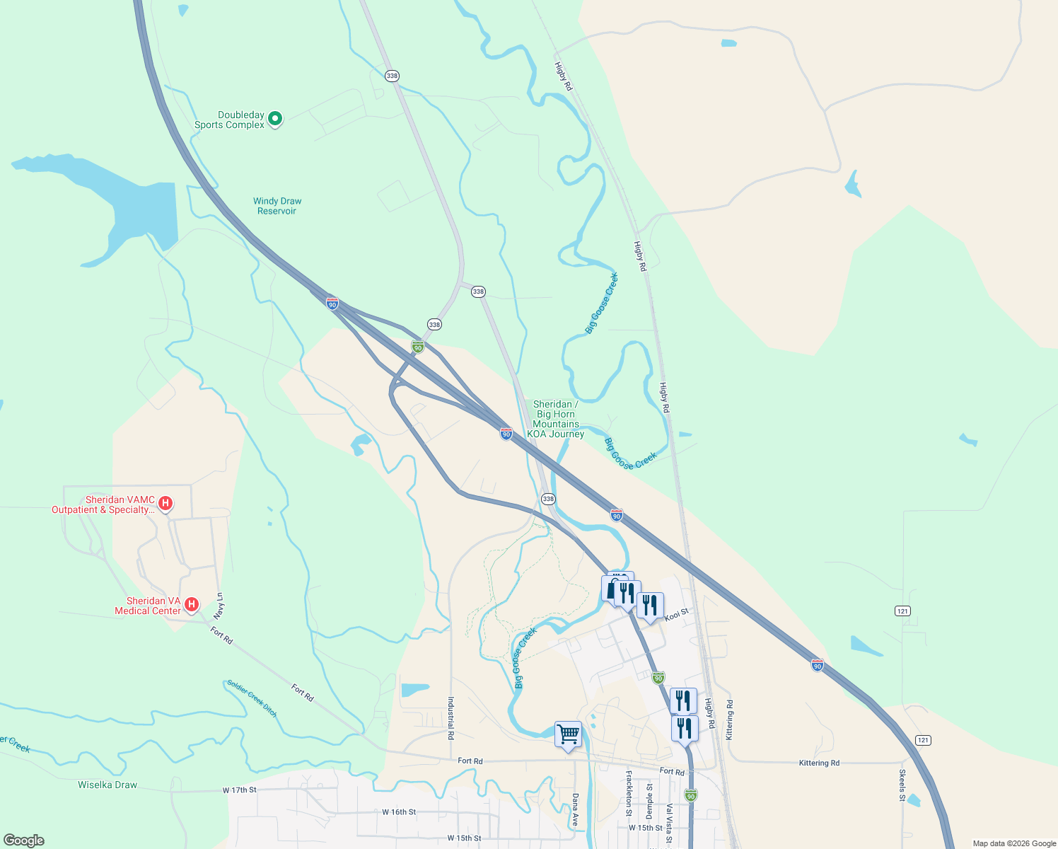 map of restaurants, bars, coffee shops, grocery stores, and more near 101 Decker Road in Sheridan