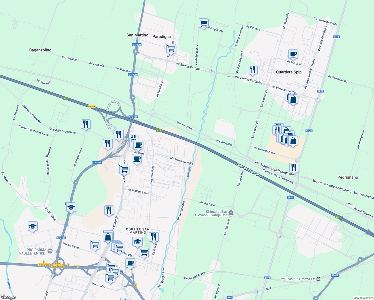 map of restaurants, bars, coffee shops, grocery stores, and more near 10a Strada Nuova Naviglio in Parma
