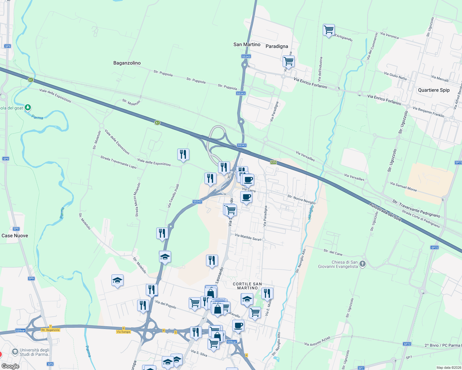 map of restaurants, bars, coffee shops, grocery stores, and more near 8 Via Nicola Morigi in Parma