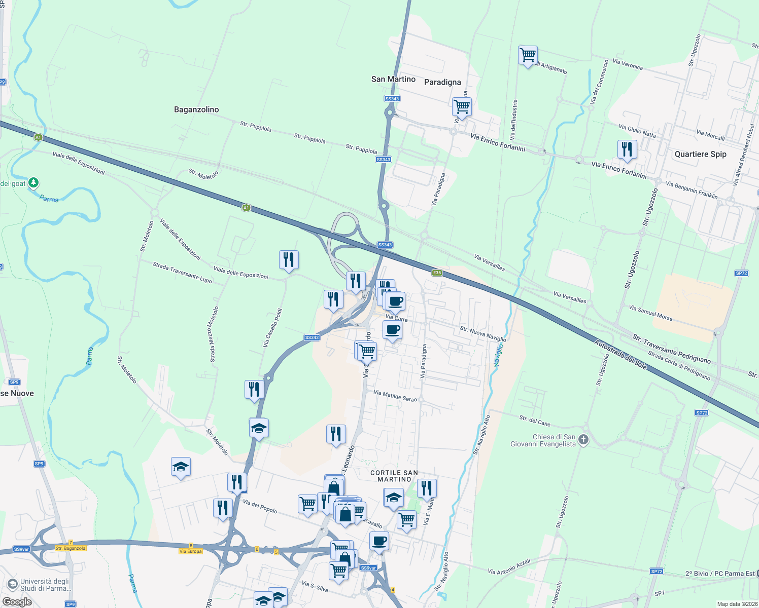 map of restaurants, bars, coffee shops, grocery stores, and more near 8 Via Nicola Morigi in Parma