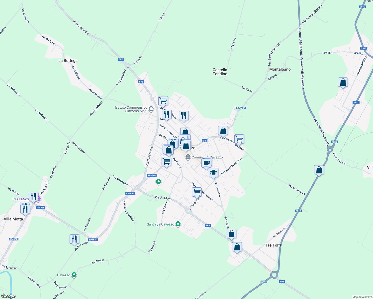 map of restaurants, bars, coffee shops, grocery stores, and more near 13 Piazza Martiri della Libertà in Cavezzo