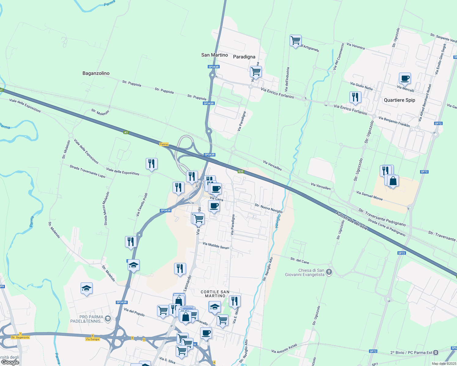 map of restaurants, bars, coffee shops, grocery stores, and more near in Parma