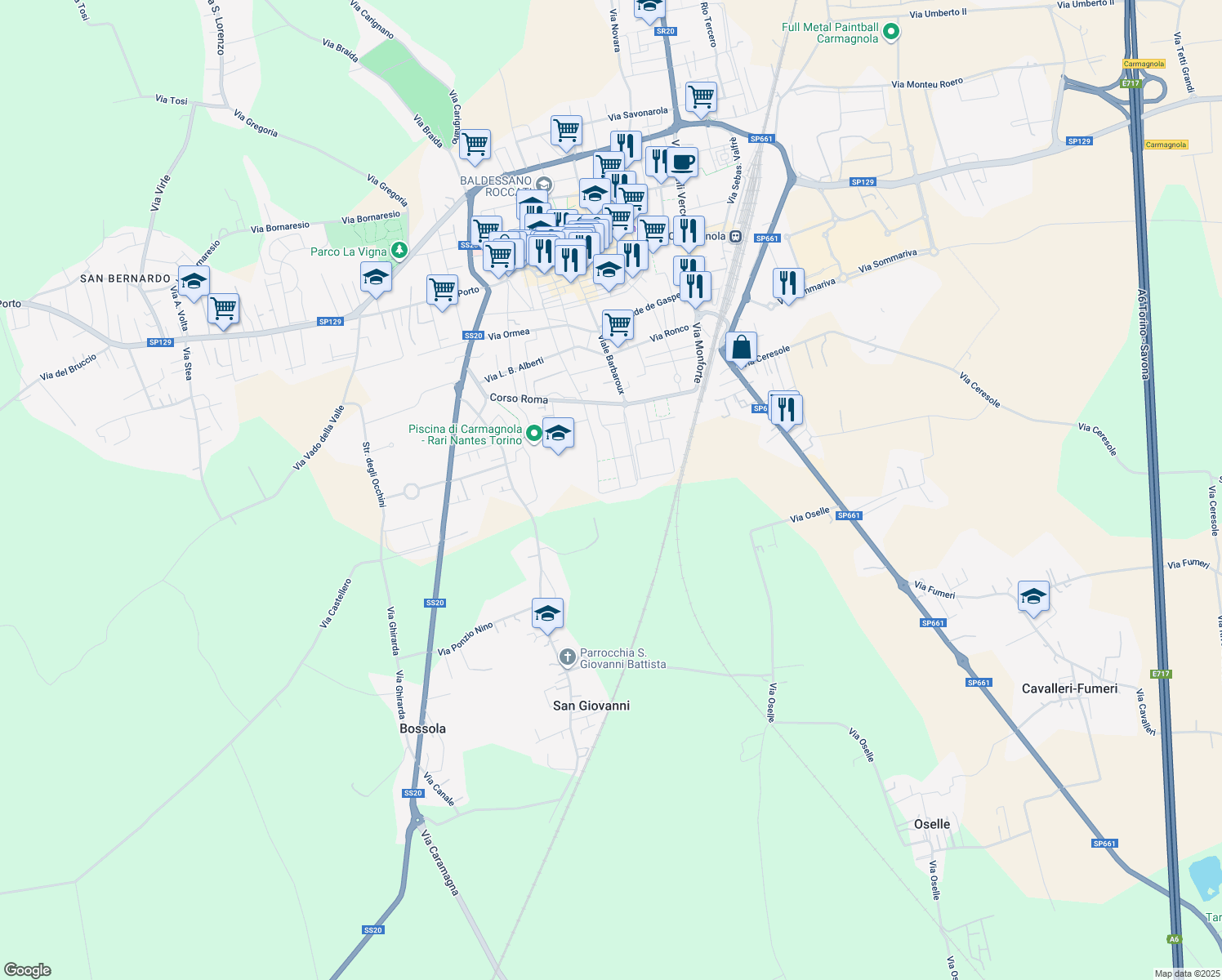 map of restaurants, bars, coffee shops, grocery stores, and more near 1 Via Macario in Carmagnola