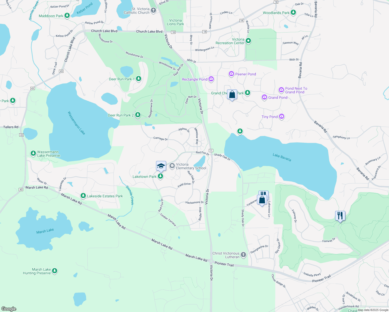 map of restaurants, bars, coffee shops, grocery stores, and more near 9195 Red Oak Dr in Victoria