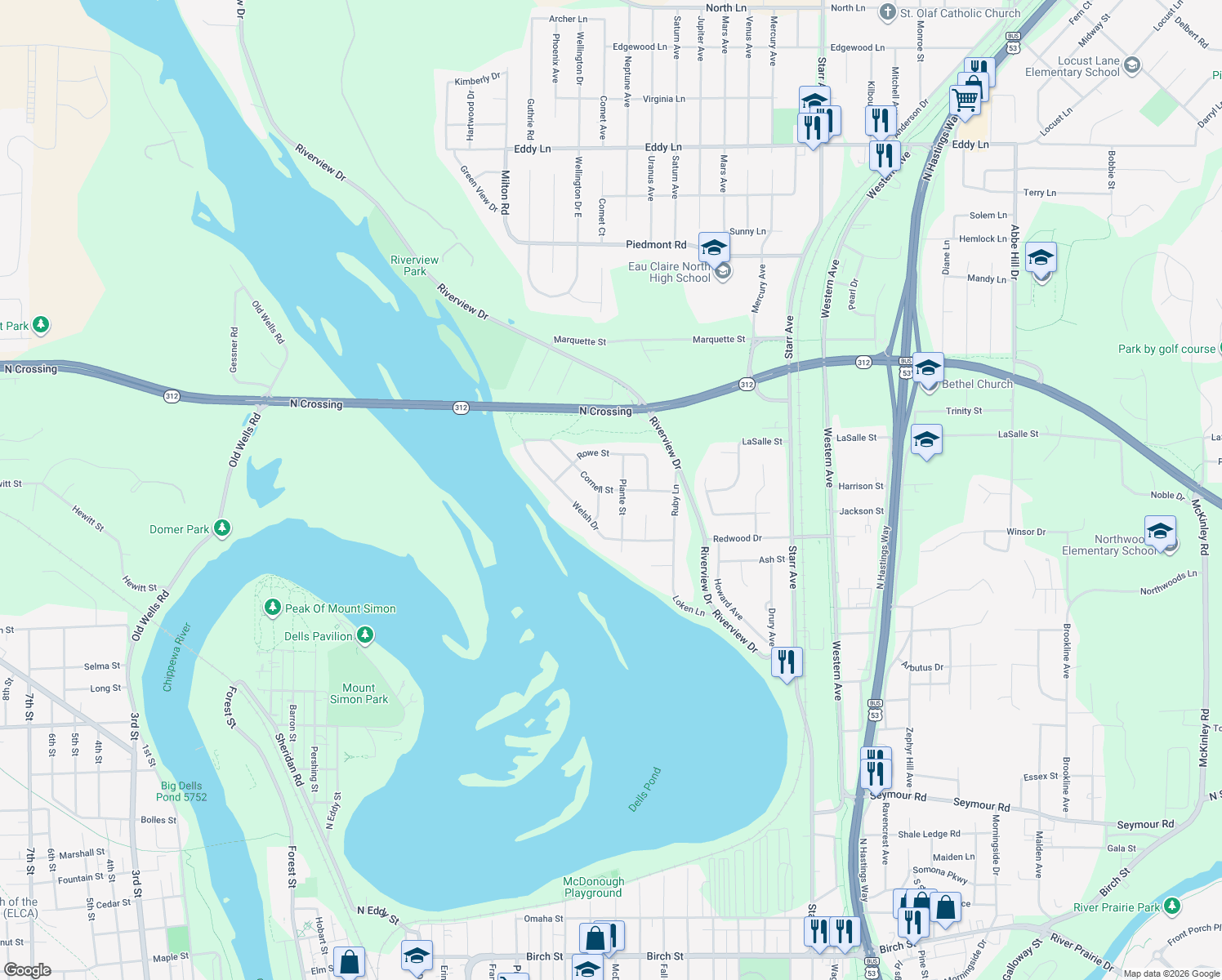 map of restaurants, bars, coffee shops, grocery stores, and more near Cornell Street in Eau Claire