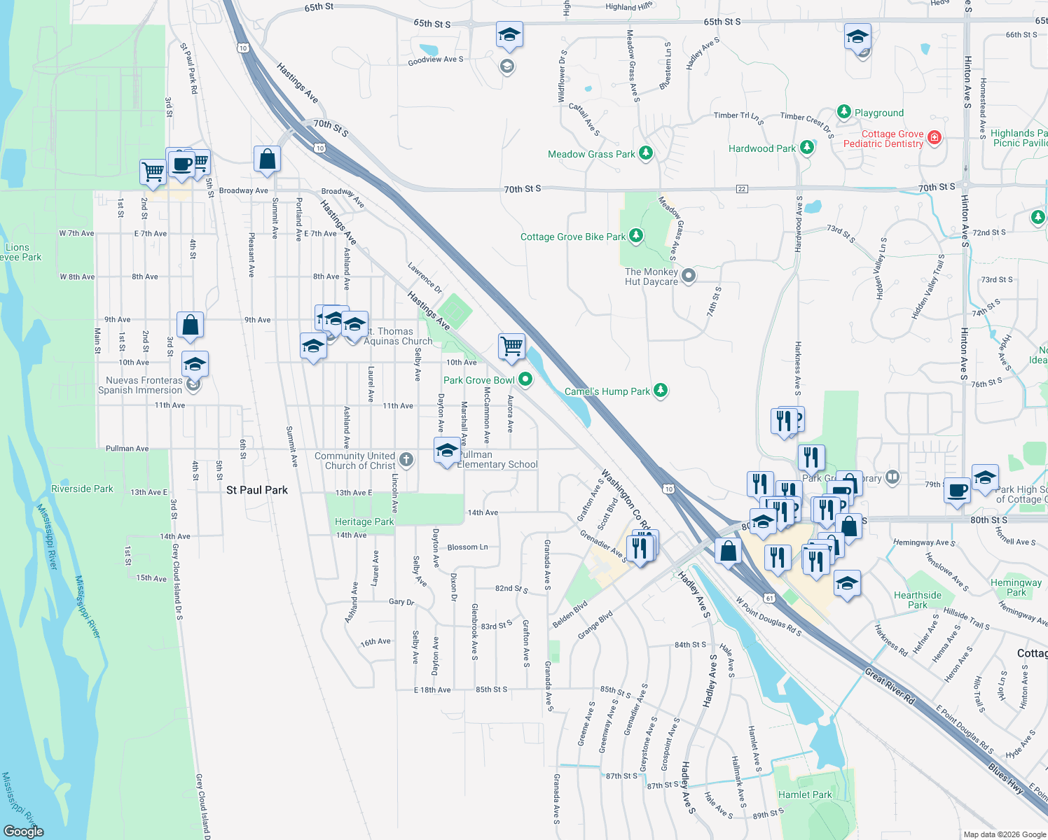 map of restaurants, bars, coffee shops, grocery stores, and more near 1125 Chicago Avenue in Saint Paul Park