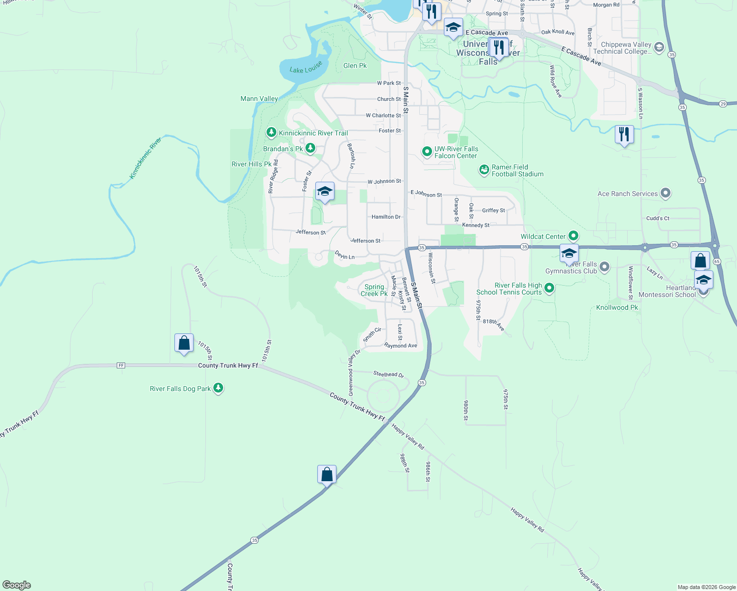 map of restaurants, bars, coffee shops, grocery stores, and more near 1838 Kimberly Circle in River Falls