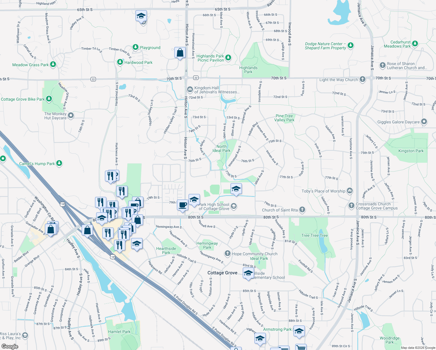 map of restaurants, bars, coffee shops, grocery stores, and more near 7997 77th Street Court South in Cottage Grove