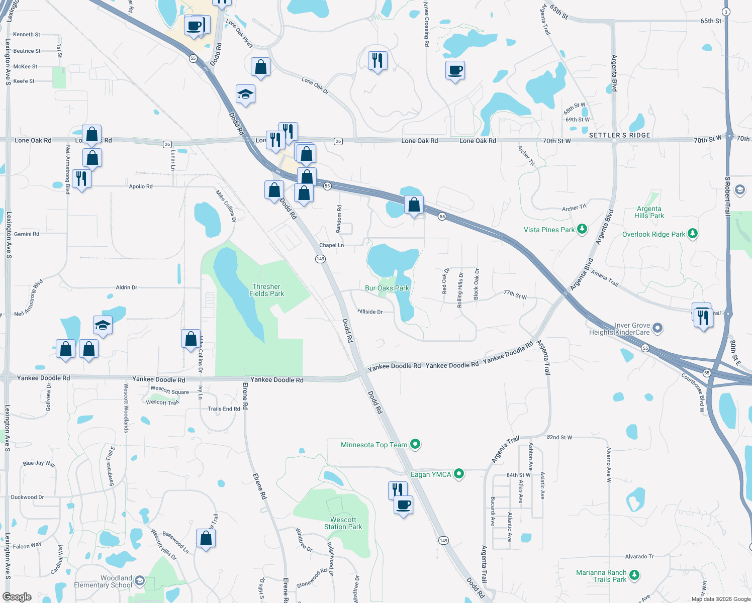 map of restaurants, bars, coffee shops, grocery stores, and more near 3422 Rolling Hills Drive in Eagan
