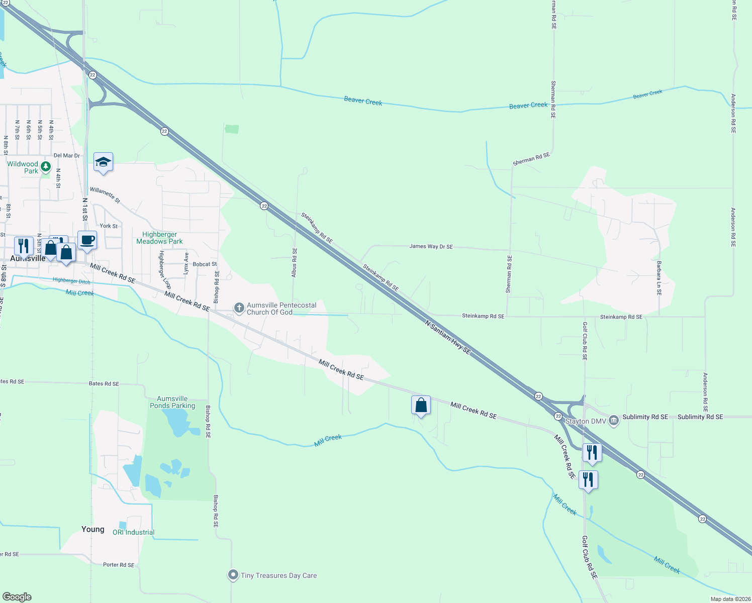 map of restaurants, bars, coffee shops, grocery stores, and more near 10655 Leverman Rd SE in Aumsville