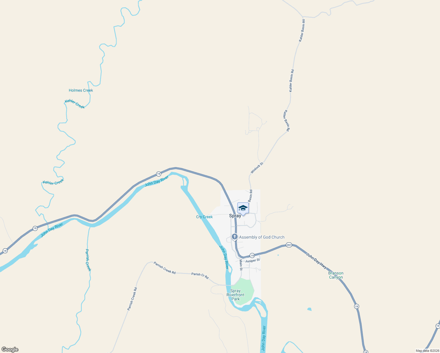 map of restaurants, bars, coffee shops, grocery stores, and more near 32311 Highway 19 207 in Spray