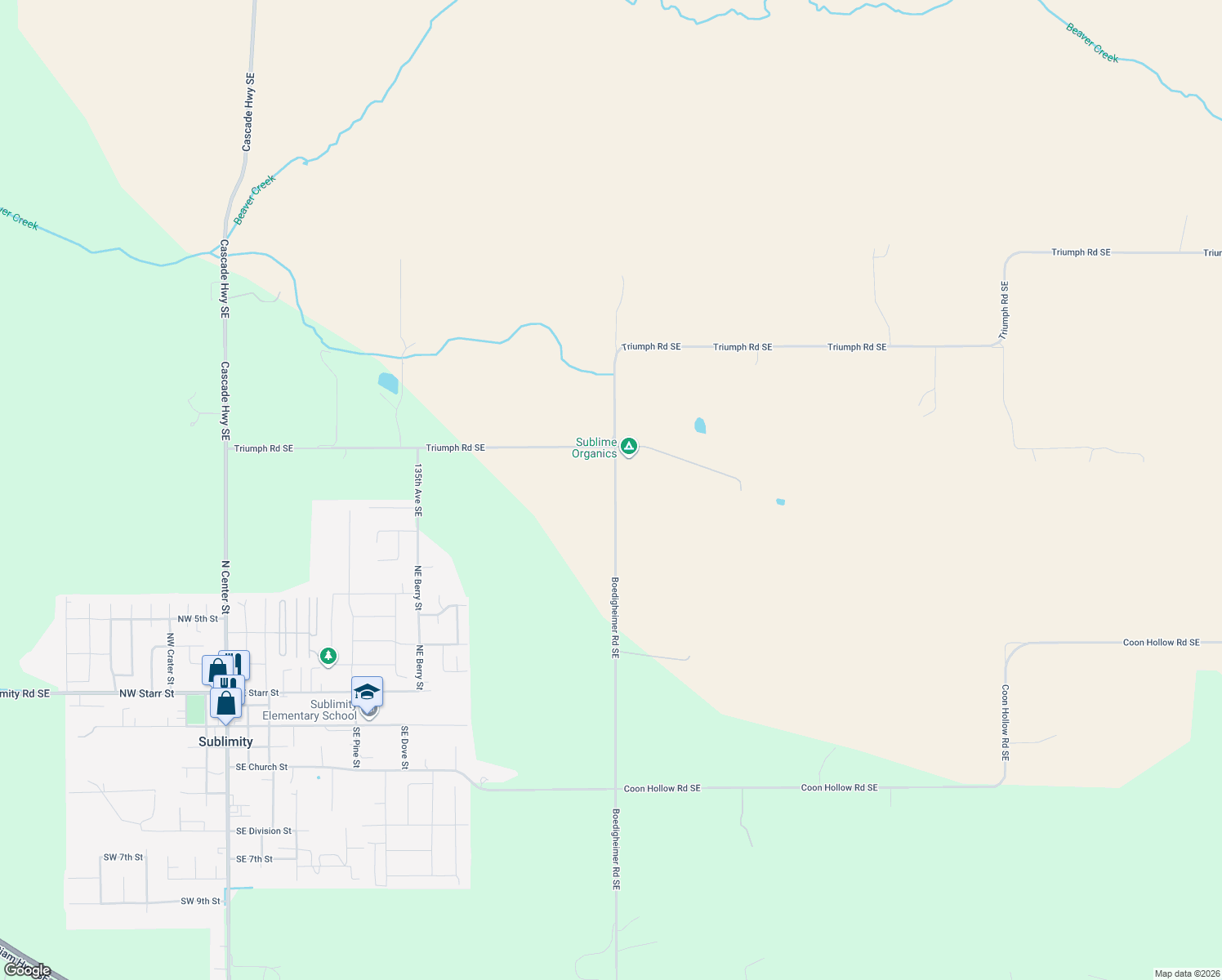 map of restaurants, bars, coffee shops, grocery stores, and more near 7987 Boedigheimer Road Southeast in Sublimity